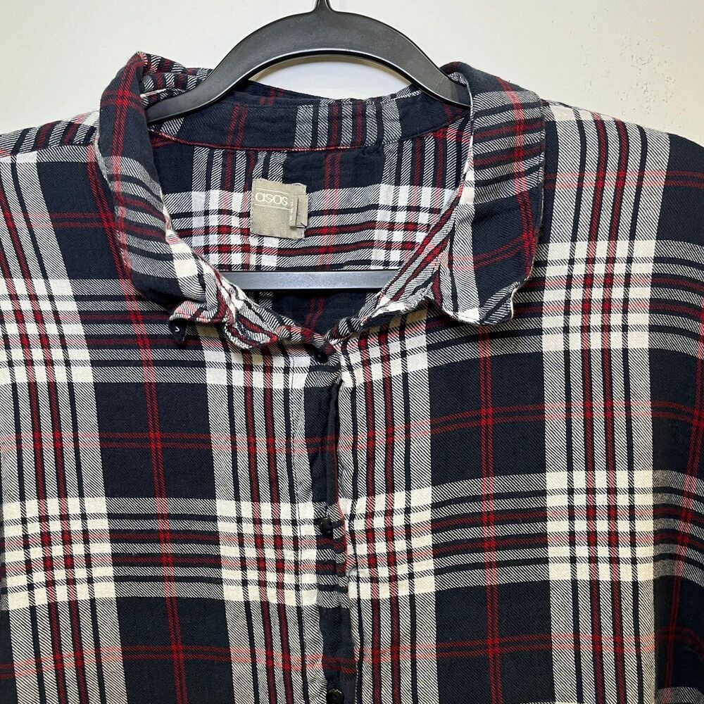 ASOS Plaid Button Up Longsleeve Ruffle Smock Dress Size 16 - Picture 2 of 7